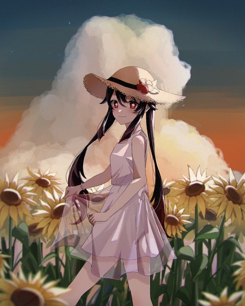 Anime picture 1214x1518 with genshin impact hu tao (genshin impact) marodayo 33 single long hair tall image looking at viewer blush fringe hair between eyes red eyes brown hair standing twintails holding payot sky cloud (clouds) light smile alternate costume