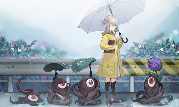 Anime picture 2863x1714 with counter:side edel meitner controlline3 single fringe highres short hair smile wide image standing yellow eyes payot long sleeves grey hair hair bun (hair buns) looking down rain braided bun transparent umbrella girl