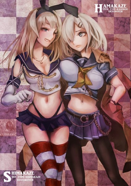 Anime picture 744x1053 with kantai collection shimakaze destroyer hamakaze destroyer koh (minagi kou) tall image blush fringe short hair breasts light erotic large breasts multiple girls white hair one eye closed wink hair over one eye bare belly grey eyes character names checkered