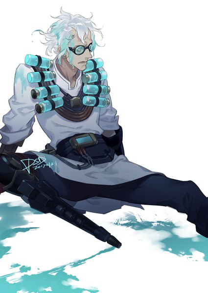Anime picture 700x988 with overwatch blizzard entertainment junkrat (overwatch) dr. junkenstein psd (pixiv) single tall image short hair simple background white background sitting signed looking away silver hair arm support wet dated surprised boy glasses