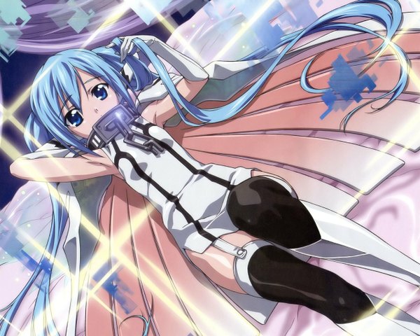 Anime picture 1280x1024 with sora no otoshimono nymph (sora no otoshimono) blue eyes twintails blue hair loli girl thighhighs