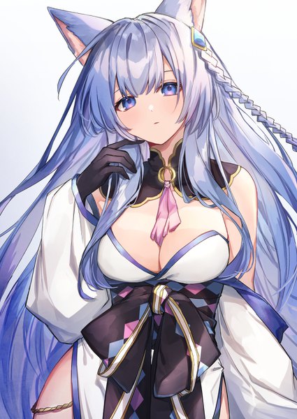 Anime picture 900x1270 with original coyucom single long hair tall image looking at viewer blush fringe breasts blue eyes light erotic simple background hair between eyes large breasts standing white background bare shoulders animal ears blue hair cleavage