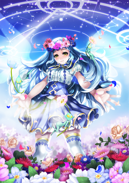 Anime picture 700x991 with original bbbox (hotpppink) single long hair tall image looking at viewer blush yellow eyes blue hair light smile short sleeves magic girl thighhighs dress ribbon (ribbons) wreath magic circle