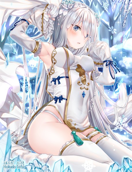 Anime picture 918x1200 with sangokushi taisen hakuda tofu single tall image looking at viewer blush fringe breasts blue eyes light erotic sitting signed silver hair outdoors very long hair parted lips hair flower hair over one eye wide sleeves arms up