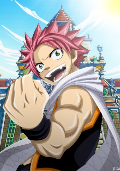Anime picture 4150x5910 with fairy tail natsu dragneel futuretabs single tall image highres short hair open mouth smile green eyes pink hair absurdres sky cloud (clouds) sunlight sleeveless coloring muscle boy scarf