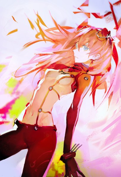 Anime picture 1000x1466 with neon genesis evangelion gainax soryu asuka langley aituoku single long hair tall image looking at viewer green eyes orange hair covered navel girl gloves hair ornament bodysuit pilot suit