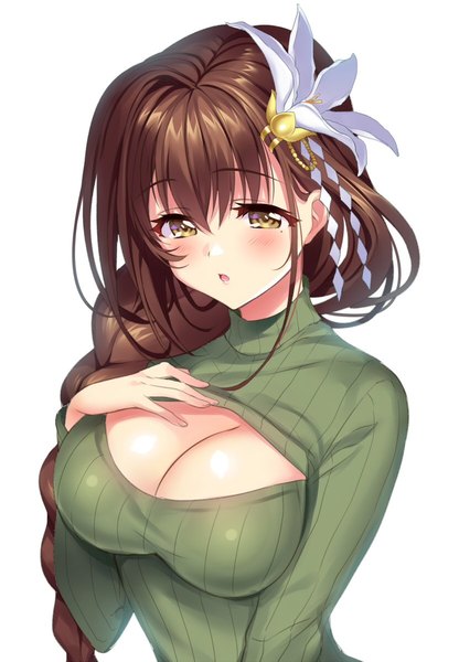 Anime picture 831x1199 with kanpani girls shirayuri sakura senri gan single long hair tall image blush breasts open mouth light erotic simple background brown hair large breasts white background yellow eyes cleavage braid (braids) hair flower girl hair ornament