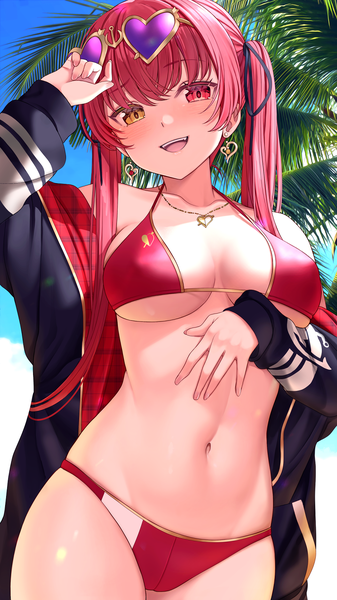 Anime picture 1000x1782 with virtual youtuber hololive houshou marine houshou marine (summer) saruei single long hair tall image looking at viewer fringe breasts open mouth light erotic smile hair between eyes red eyes large breasts standing twintails yellow eyes