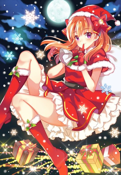 Anime picture 900x1300 with gekkan shoujo nozaki-kun doga kobo sakura chiyo zonana single long hair tall image looking at viewer blush fringe smile purple eyes bent knee (knees) orange hair sparkle fur trim finger to mouth snowing christmas flying