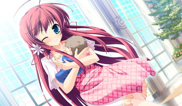 Anime picture 1024x600 with icha pri! (game) tenjouin yuzuna itou life long hair blush blue eyes smile brown hair wide image holding game cg ahoge red hair one eye closed hair flower wink short sleeves sleeping checkered girl