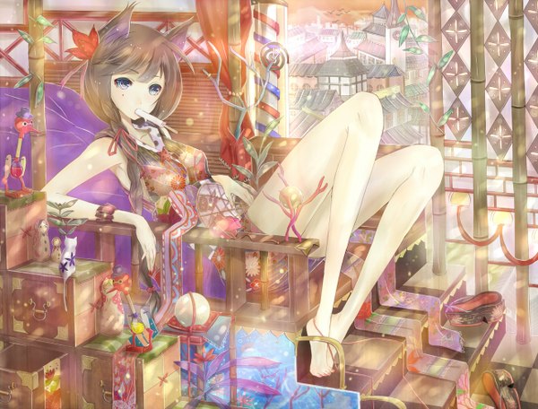 Anime picture 1300x988 with yuna (rutera) blue eyes brown hair bare shoulders animal ears braid (braids) hair flower legs detailed hair ornament ribbon (ribbons) plant (plants) animal food sweets bird (birds) cat toy fan ice cream