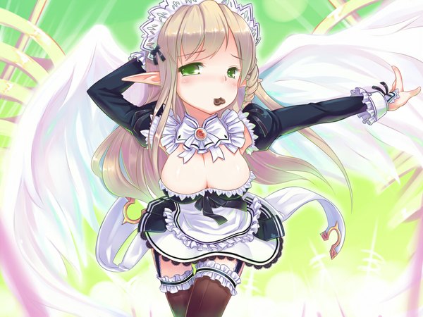 Anime picture 1000x750 with elsword rena erindel dexp long hair looking at viewer blush breasts light erotic blonde hair large breasts green eyes cleavage braid (braids) pointy ears maid zettai ryouiki mouth hold elf eating angel wings
