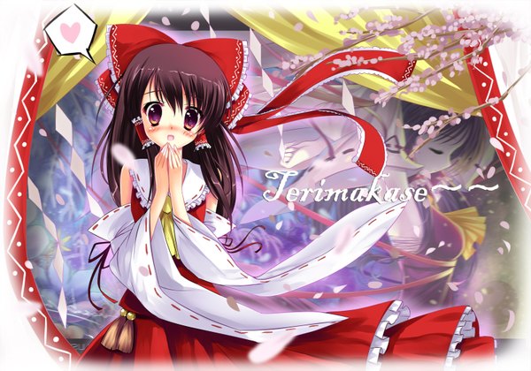 Anime picture 1600x1122 with touhou hakurei reimu blush miko girl detached sleeves petals branch kwasabiyori00d