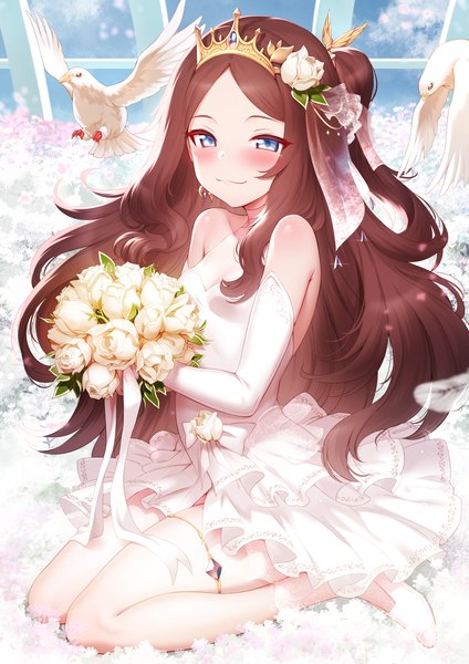 Anime picture 2894x4093 with fate (series) fate/grand order leonardo da vinci (fate) mdastarou single long hair tall image looking at viewer blush fringe highres blue eyes smile brown hair sitting bare shoulders holding full body hair flower wariza