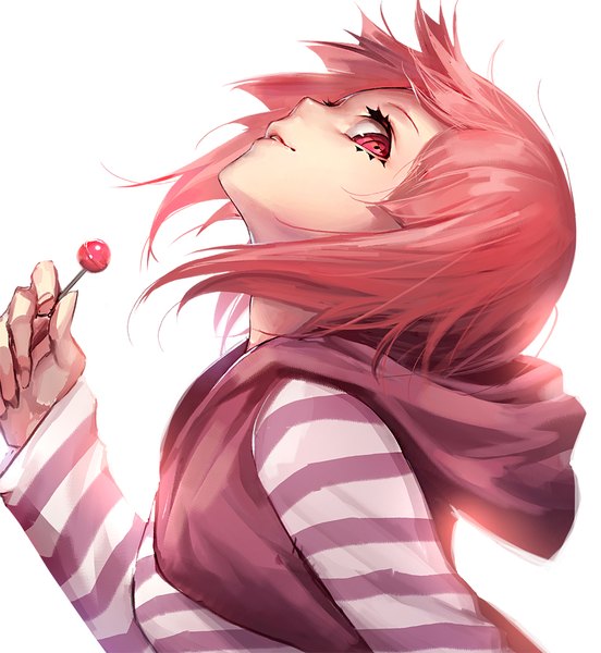 Anime picture 920x1000 with original luen kulo single tall image looking at viewer short hair simple background white background pink hair upper body parted lips profile pink eyes facial mark striped girl food sweets hood candy