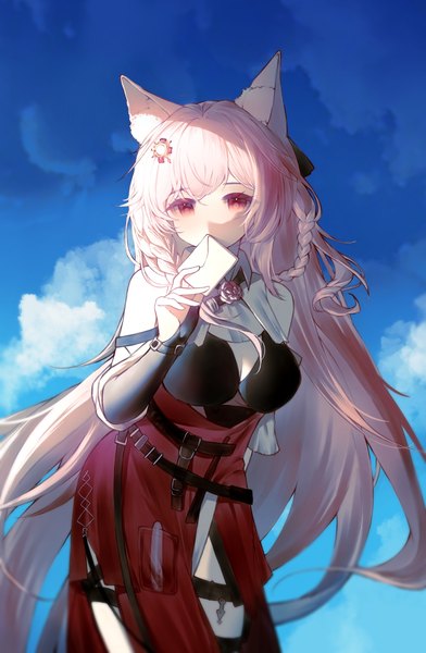 Anime picture 1010x1545 with arknights pozyomka (arknights) yueying su meng ling single tall image fringe hair between eyes animal ears looking away pink hair sky cloud (clouds) very long hair pink eyes covered mouth girl envelope