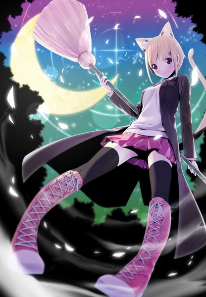 Anime picture 1000x1440 with original ama mitsuki single tall image blush short hair blonde hair smile brown eyes animal ears cat ears cat girl cat tail crescent girl thighhighs skirt black thighhighs miniskirt boots