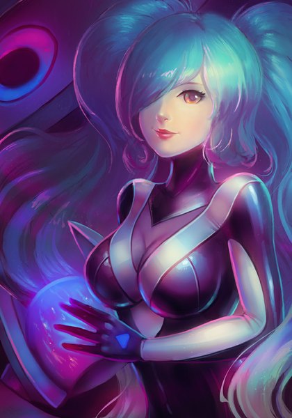 Anime picture 750x1071 with league of legends sona buvelle cubehero single long hair tall image looking at viewer fringe breasts twintails holding blue hair cleavage purple hair lips hair over one eye wavy hair multicolored eyes girl bodysuit