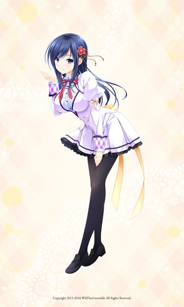Anime picture 600x1000 with otome ga irodoru koi no essence makise satsuki single long hair tall image looking at viewer blush fringe breasts blue eyes simple background blue hair full body arm up hair flower light smile official art leaning leaning forward crossed legs