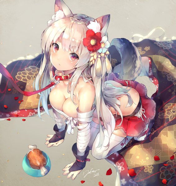 Anime picture 1260x1332 with azur lane yuudachi (azur lane) yuudachi (shogun of snowballs) (azur lane) deecha single long hair tall image looking at viewer fringe breasts light erotic simple background hair between eyes red eyes signed animal ears cleavage silver hair tail traditional clothes