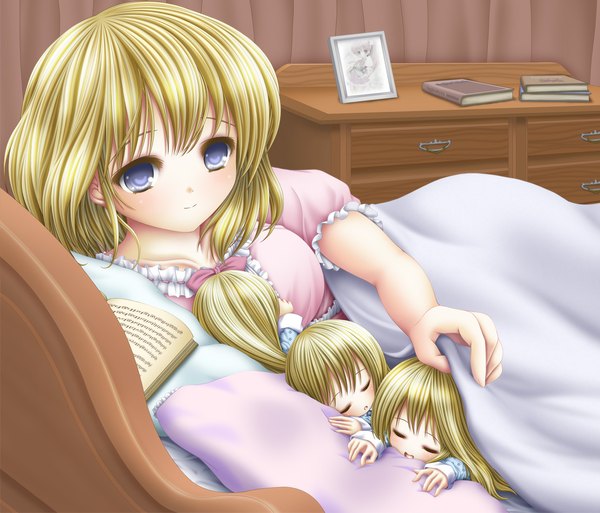 Anime picture 1109x950 with touhou alice margatroid shanghai yosiaki long hair blue eyes blonde hair girl dress book (books) bed doll (dolls)