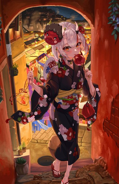 Anime picture 2090x3226 with virtual youtuber hololive nakiri ayame snarkhunt single tall image looking at viewer blush fringe highres short hair red eyes standing holding payot silver hair outdoors nail polish traditional clothes japanese clothes