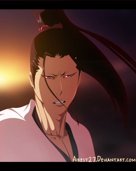 Anime picture 2500x3140 with bleach studio pierrot azashiro kenpachi airest27 single long hair tall image highres brown hair ponytail japanese clothes pink eyes sunlight coloring evening portrait sunset boy kimono