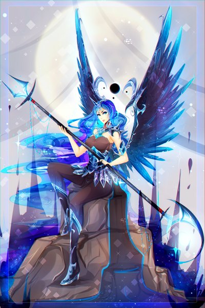Anime picture 2442x3662 with my little pony nightmare moon single long hair tall image looking at viewer highres sitting holding blue hair very long hair horn (horns) wavy hair framed personification girl pantyhose wings armor transparent clothing