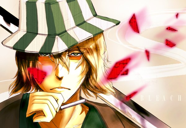 Anime picture 1600x1100 with bleach studio pierrot urahara kisuke single short hair blonde hair green eyes inscription face serious boy weapon hat sword katana cigarette