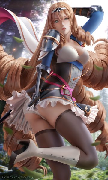 Anime picture 3000x5000 with epic seven lidica (epic7) wickellia single long hair tall image looking at viewer blush fringe highres breasts light erotic hair between eyes brown hair large breasts standing signed cleavage outdoors parted lips