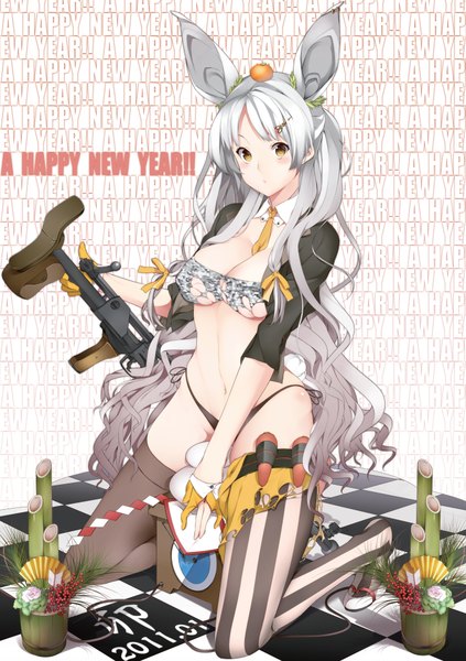 Anime picture 2888x4092 with bishojo eshi 50-nin nanao (mahaya) single long hair tall image looking at viewer blush highres light erotic animal ears yellow eyes white hair torn clothes checkered floor happy new year 2011 girl thighhighs navel hair ornament