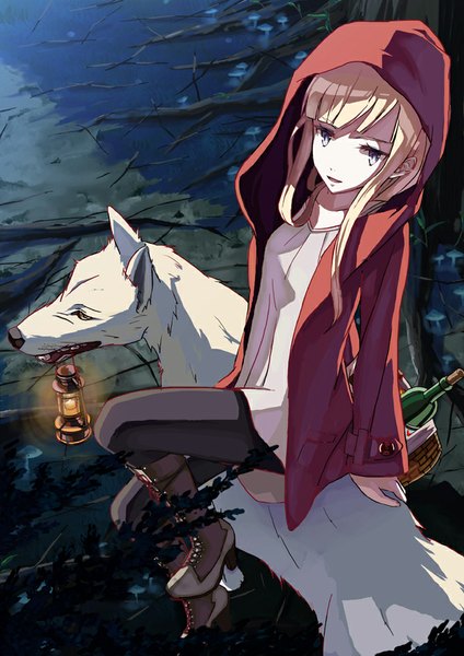 Anime picture 707x1000 with little red riding hood original little red riding hood (character) big bad wolf 108tooya long hair tall image looking at viewer fringe open mouth blonde hair smile sitting animal ears from above open clothes open jacket grey eyes high heels lacing