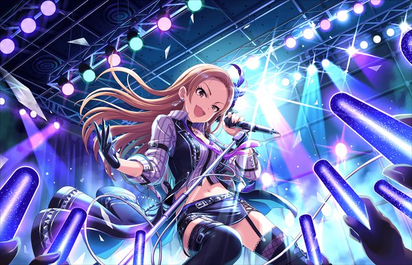Anime picture 2560x1648 with idolmaster idolmaster cinderella girls idolmaster cinderella girls starlight stage matsunaga ryou long hair looking at viewer highres open mouth smile brown hair standing holding brown eyes bent knee (knees) :d official art from below zettai ryouiki solo focus singing