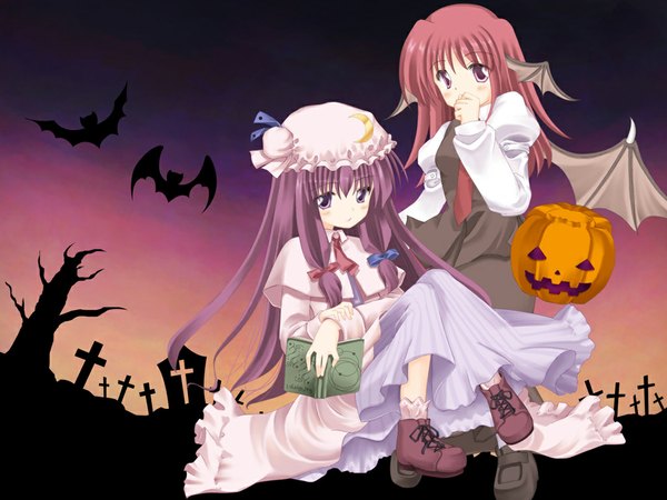 Anime picture 1024x768 with touhou patchouli knowledge koakuma halloween girl cemetery kakoi orihako