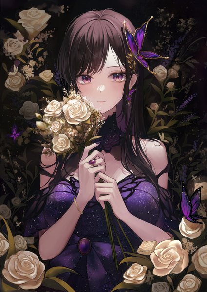 Anime picture 4500x6354 with original yuna (deadawon) single long hair tall image looking at viewer blush fringe highres brown hair purple eyes bare shoulders absurdres upper body nail polish fingernails light smile sparkle purple nail polish girl