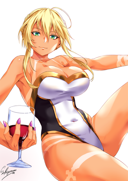 Anime picture 800x1131 with fate (series) fate/grand order artoria pendragon (all) artoria pendragon (lancer) sakiyamama single tall image looking at viewer fringe short hair breasts light erotic blonde hair smile hair between eyes large breasts bare shoulders holding green eyes signed