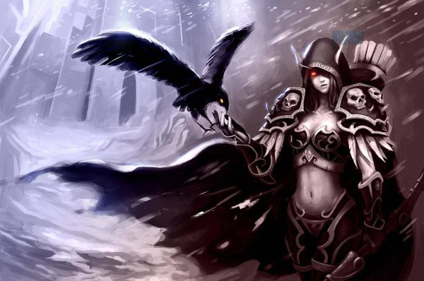 Anime picture 1280x850 with world of warcraft blizzard entertainment sylvanas windrunner single red eyes wind pointy ears snowing winter snow elf girl armor hood bow (weapon) crow