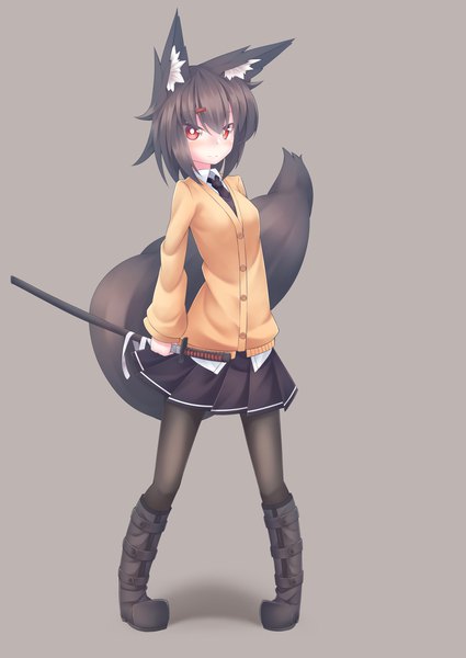 Anime-Bild 1505x2125 mit original kzy090 single tall image looking at viewer short hair black hair simple background red eyes standing holding animal ears full body tail animal tail pleated skirt grey background fox ears fox tail fox girl