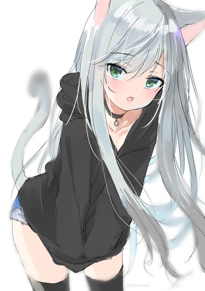 Anime picture 827x1169 with original emily (pure dream) single long hair tall image looking at viewer blush fringe open mouth simple background hair between eyes standing white background green eyes signed animal ears silver hair tail animal tail blurry