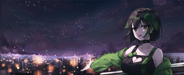 Anime picture 7000x2870 with original jisu lee single looking at viewer fringe highres short hair open mouth black hair smile wide image green eyes absurdres cleavage upper body outdoors :d multicolored hair off shoulder night