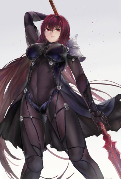 Anime picture 1030x1520 with fate (series) fate/grand order scathach (fate) (all) scathach (fate) shirasu single tall image looking at viewer fringe breasts light erotic simple background hair between eyes red eyes large breasts red hair very long hair from below covered navel girl