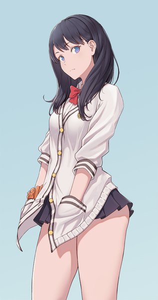 Anime picture 1200x2269 with gridman universe ssss.gridman studio trigger takarada rikka cheshirrr single long hair tall image looking at viewer fringe blue eyes black hair simple background standing head tilt pleated skirt bare legs blue background hands in pockets wrist scrunchie