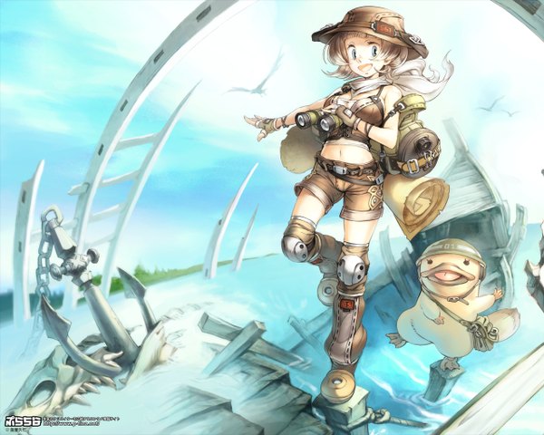 Anime picture 1280x1024 with original tagme (artist) fringe short hair open mouth blue eyes blonde hair bare shoulders looking away sky girl navel hat animal water shorts headdress fingerless gloves bird (birds) thigh boots