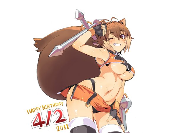 Anime picture 1280x960 with blazblue makoto nanaya single blush short hair breasts open mouth light erotic simple background smile brown hair large breasts white background animal ears ahoge animal tail one eye closed wink inscription armpit (armpits)