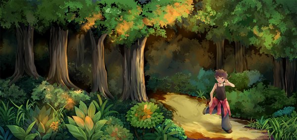 Anime picture 1500x708 with original 673rokunami single short hair open mouth black hair smile wide image bare shoulders looking away black eyes sunlight boy plant (plants) tree (trees) grass t-shirt forest road