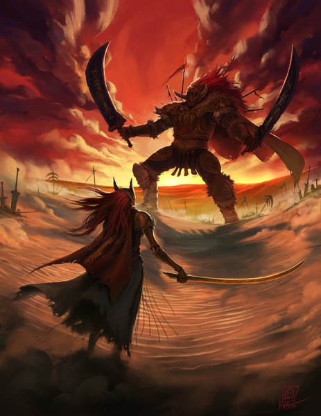 Anime picture 1920x2490 with elden ring malenia blade of miquella starscourge radahn dimitris iliopoulos long hair tall image highres standing holding signed sky cloud (clouds) full body outdoors red hair horn (horns) dual wielding red sky girl boy