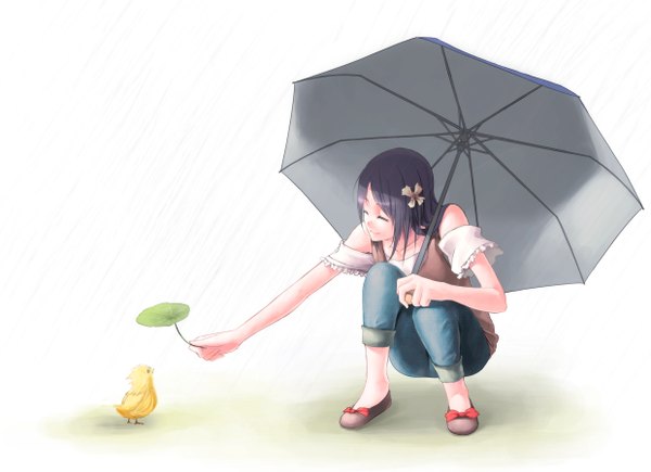 Anime picture 1240x900 with original rotix single long hair black hair smile white background bare shoulders full body eyes closed hair flower squat girl hair ornament animal bird (birds) leaf (leaves) umbrella jeans leaf umbrella