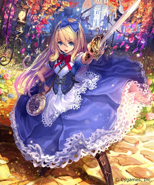 Anime picture 833x1000 with alice in wonderland alice (alice in wonderland) tachikawa mushimaro (bimo) single long hair tall image looking at viewer open mouth blue eyes blonde hair hand on hip girl dress flower (flowers) bow weapon hair bow petals sword bowtie