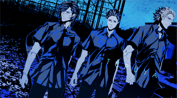 Anime picture 1200x668 with sengoku basara production i.g date masamune motochika chousokabe tokugawa ieyasu npn short hair wide image inscription night multiple boys open collar boy shirt necktie eyepatch 3 boys railroad tracks