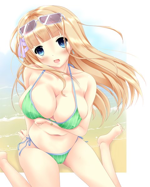 Anime picture 960x1200 with original akairo no mako single long hair tall image blush breasts open mouth blue eyes light erotic blonde hair large breasts girl navel swimsuit bikini sunglasses